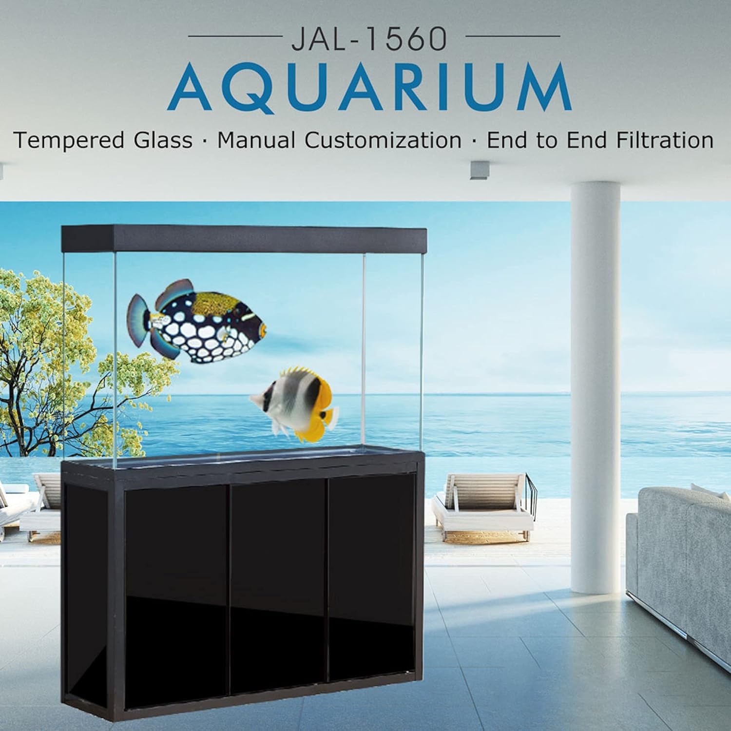 175 Gallon Glass Aquarium with Aluminum Cabinet - Including Sump for Filtration and Circulation, Plumbing, LED, Black