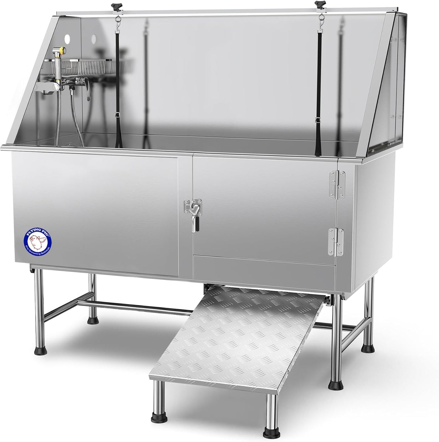 62" Stainless Steel Pet Dog Bath Tub with Faucet (Right Door/Left Drain), 62 X 27 X 58"