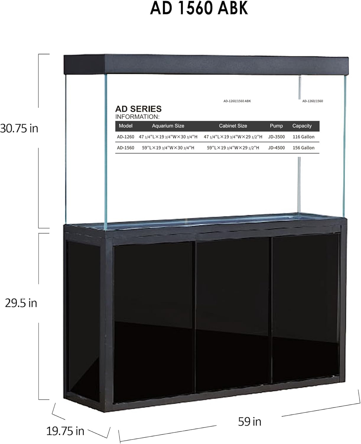 175 Gallon Glass Aquarium with Aluminum Cabinet - Including Sump for Filtration and Circulation, Plumbing, LED, Black