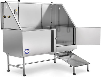 62" Stainless Steel Pet Dog Bath Tub with Faucet (Right Door/Left Drain), 62 X 27 X 58"